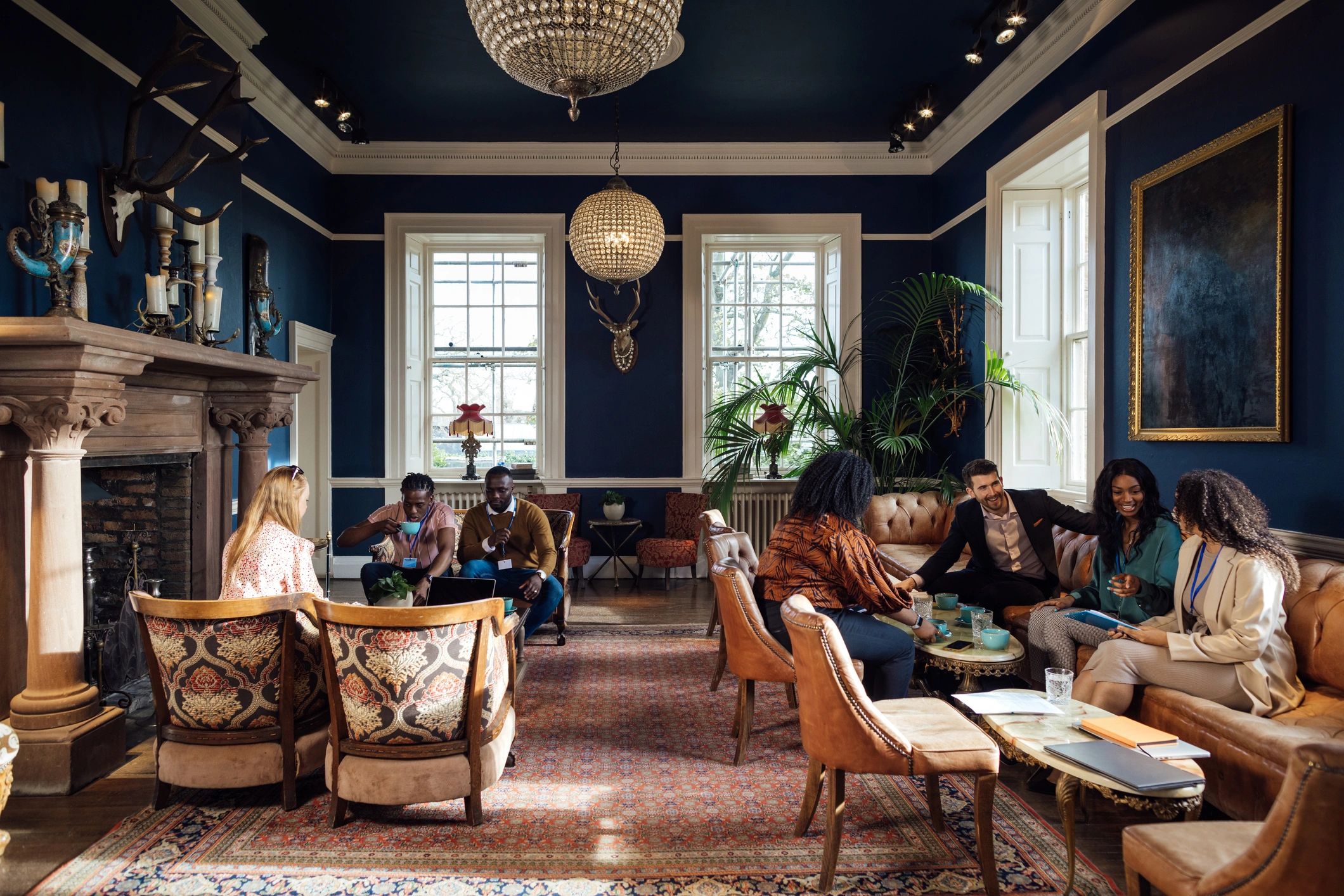 Professionals networking in an upscale hospitality setting
